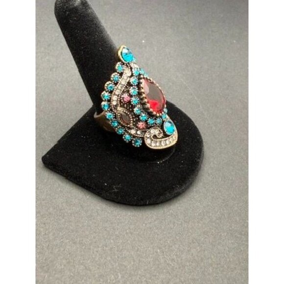VTG Bohemian Fashion Statement Ring – Red Teardrop Center, Turquoise & Rhinesto - Picture 4 of 5